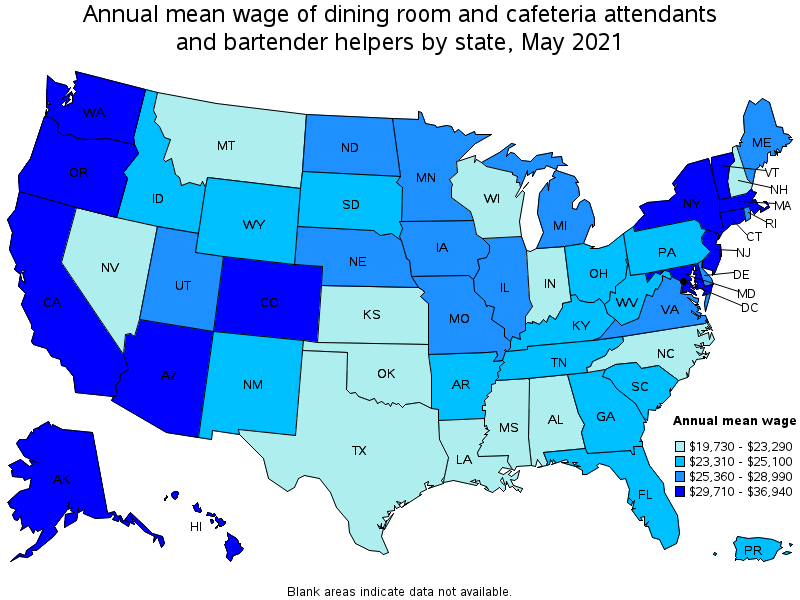 Map of annual mean wages of dining room and cafeteria attendants and bartender helpers by state, May 2021