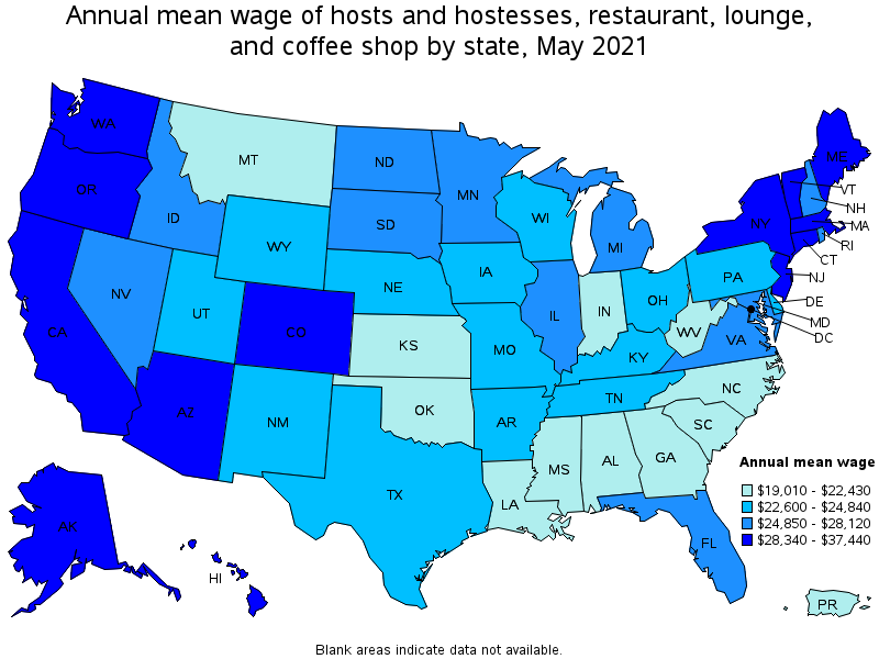 Map of annual mean wages of hosts and hostesses, restaurant, lounge, and coffee shop by state, May 2021