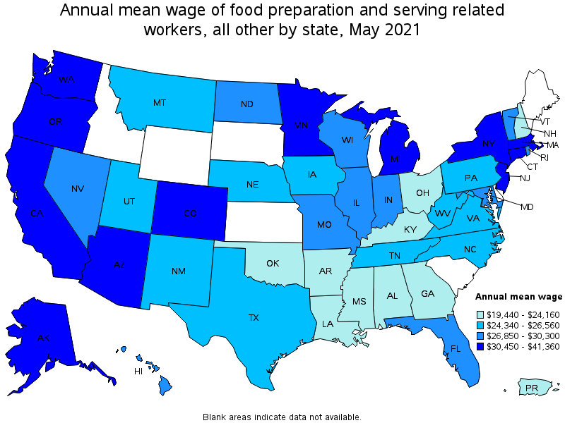 Map of annual mean wages of food preparation and serving related workers, all other by state, May 2021