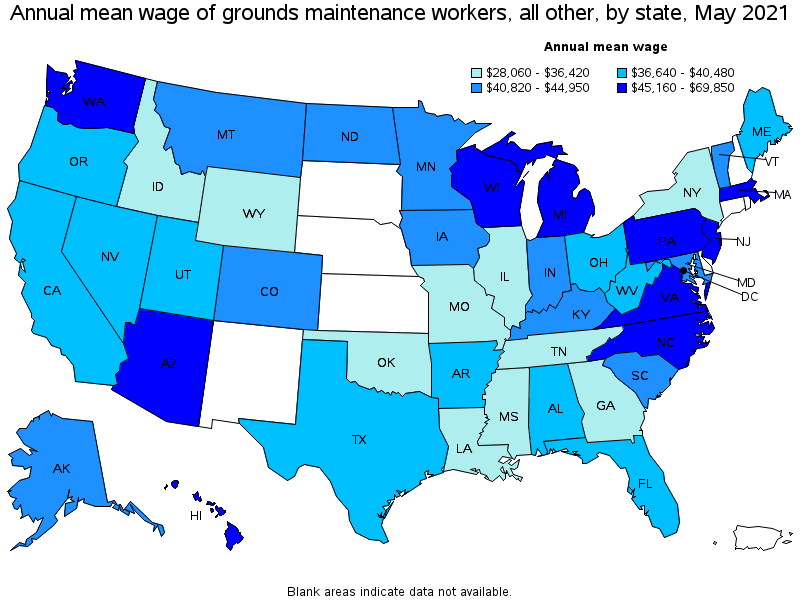 Map of annual mean wages of grounds maintenance workers, all other by state, May 2021