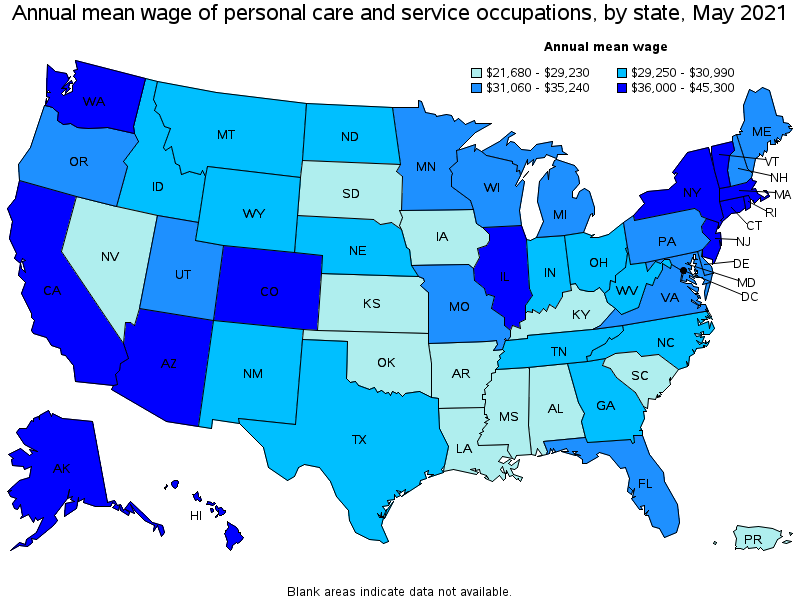 Map of annual mean wages of personal care and service occupations by state, May 2021