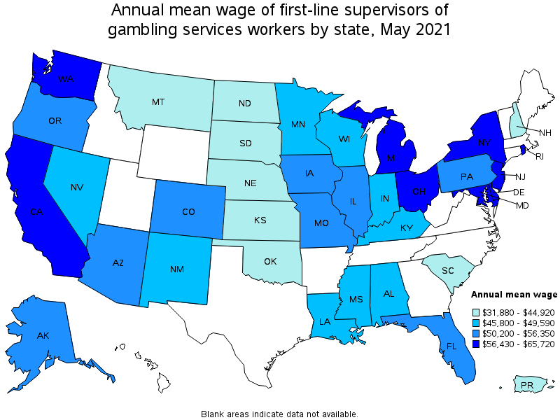 Map of annual mean wages of first-line supervisors of gambling services workers by state, May 2021