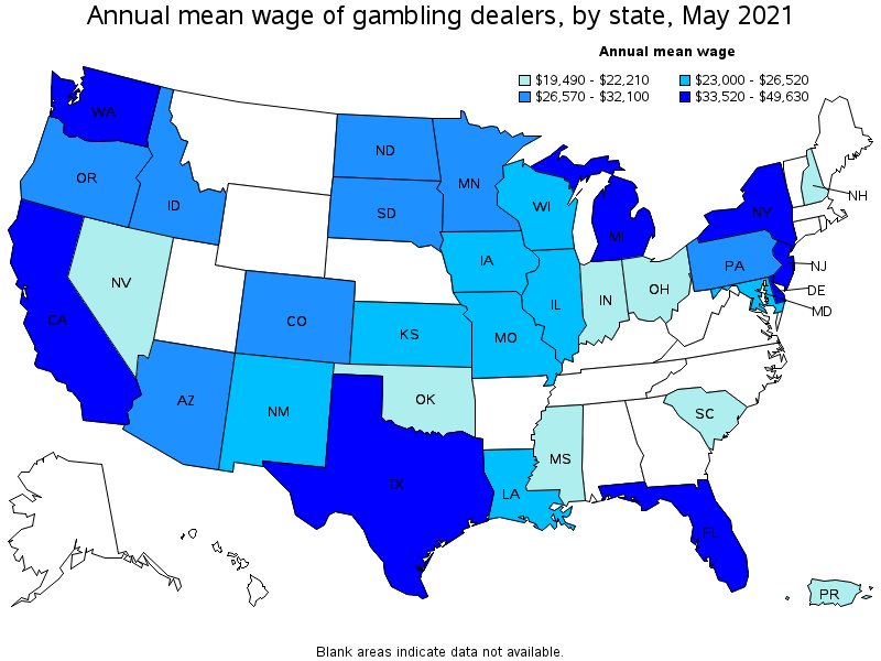 Map of annual mean wages of gambling dealers by state, May 2021