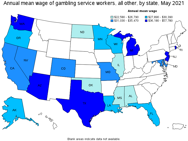 Map of annual mean wages of gambling service workers, all other by state, May 2021