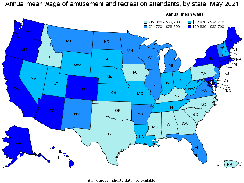 Map of annual mean wages of amusement and recreation attendants by state, May 2021