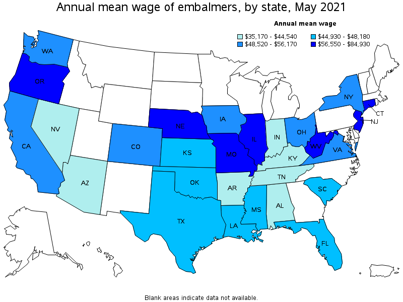 Map of annual mean wages of embalmers by state, May 2021