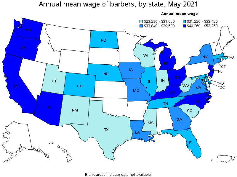 Map of annual mean wages of barbers by state, May 2021