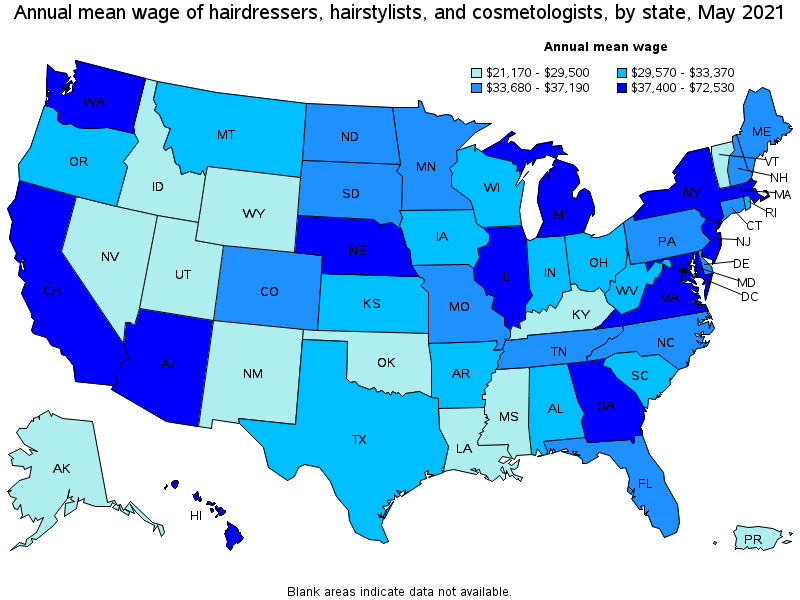 Map of annual mean wages of hairdressers, hairstylists, and cosmetologists by state, May 2021