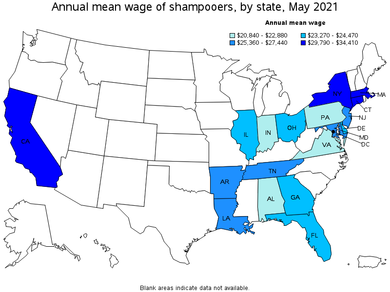 Map of annual mean wages of shampooers by state, May 2021
