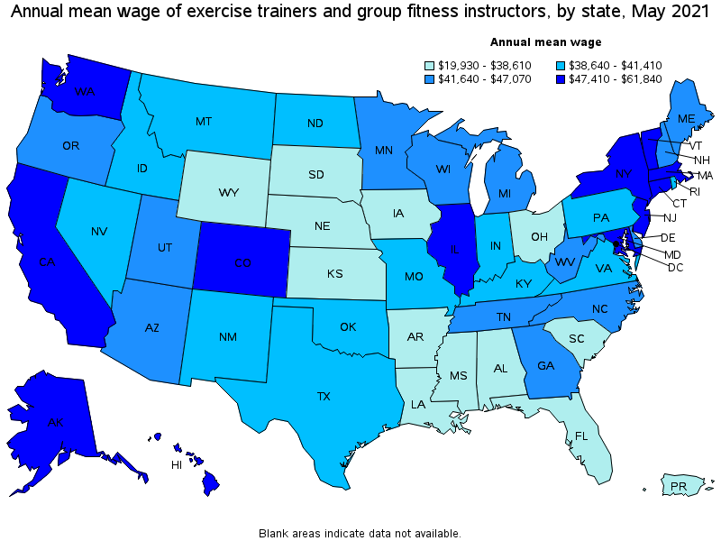 Map of annual mean wages of exercise trainers and group fitness instructors by state, May 2021