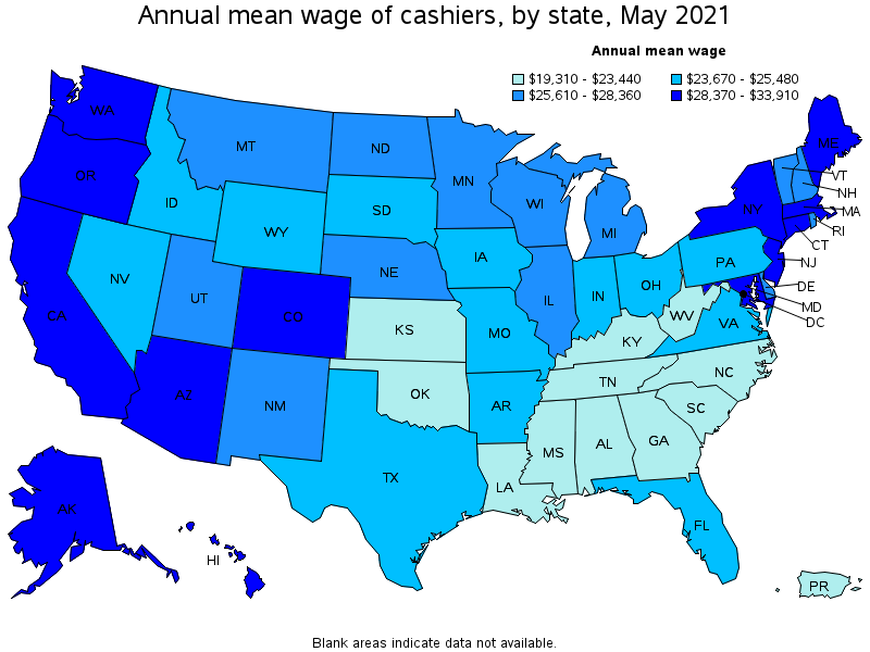 Map of annual mean wages of cashiers by state, May 2021