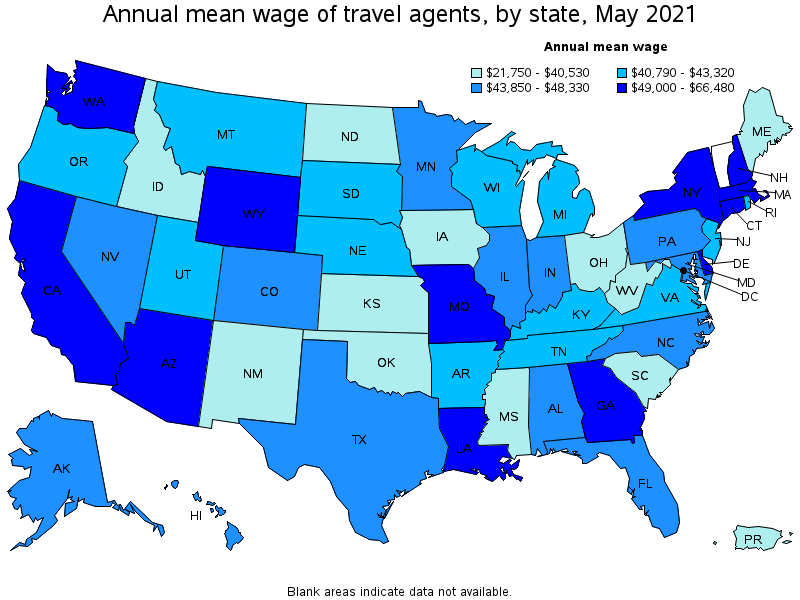 Map of annual mean wages of travel agents by state, May 2021