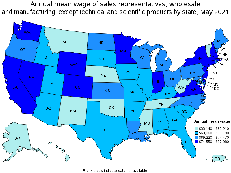 Map of annual mean wages of sales representatives, wholesale and manufacturing, except technical and scientific products by state, May 2021