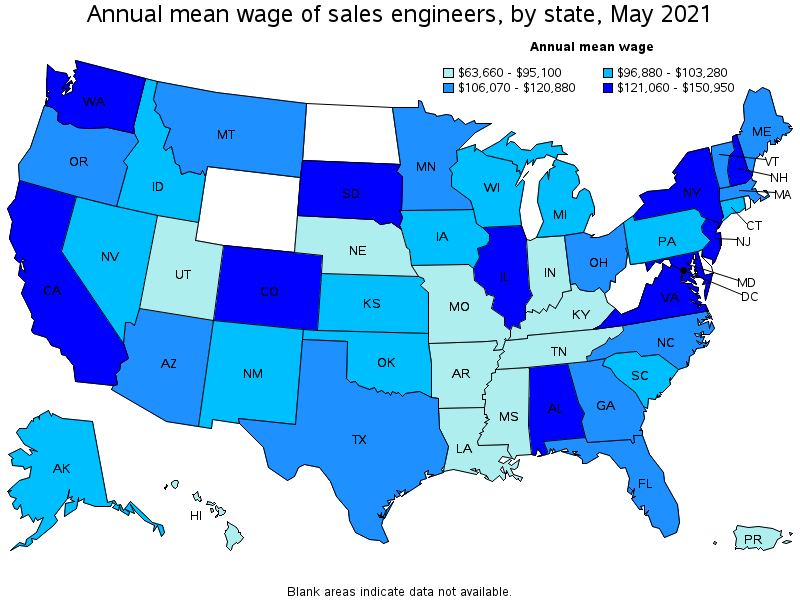 Map of annual mean wages of sales engineers by state, May 2021