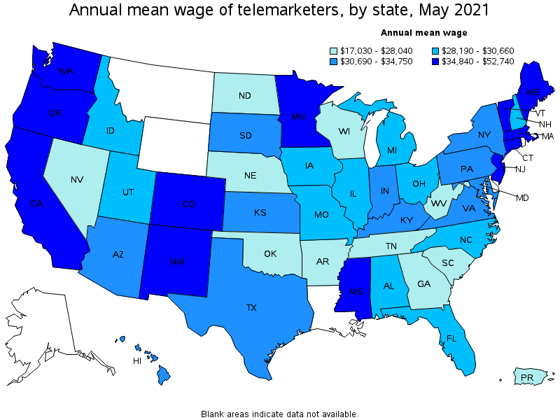 Map of annual mean wages of telemarketers by state, May 2021