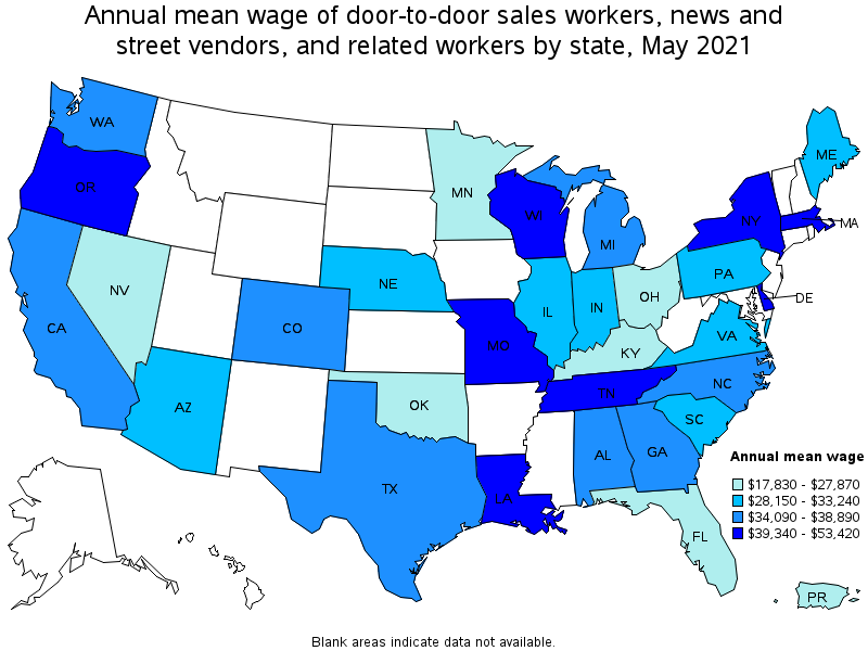 Map of annual mean wages of door-to-door sales workers, news and street vendors, and related workers by state, May 2021