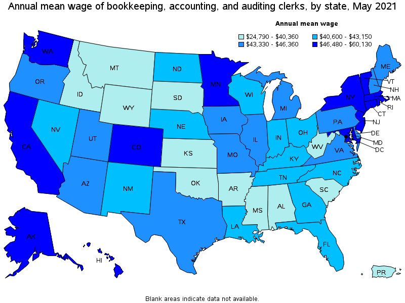 Map of annual mean wages of bookkeeping, accounting, and auditing clerks by state, May 2021