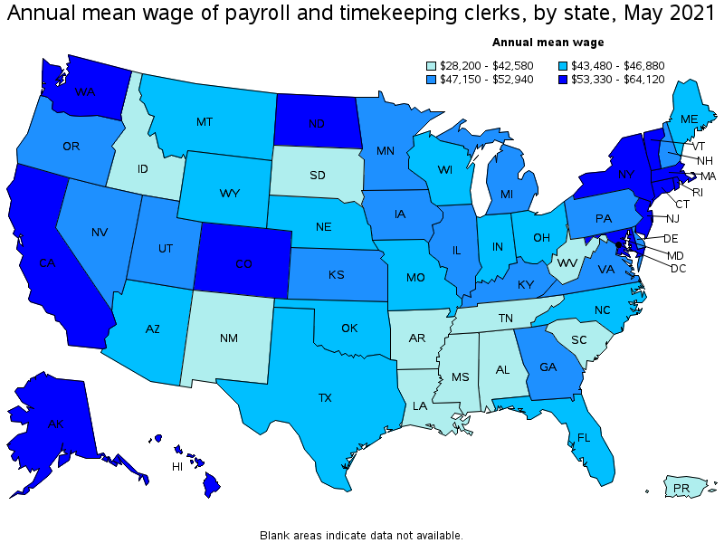 Map of annual mean wages of payroll and timekeeping clerks by state, May 2021