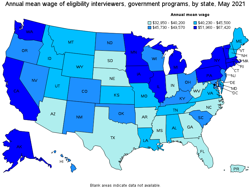 Map of annual mean wages of eligibility interviewers, government programs by state, May 2021