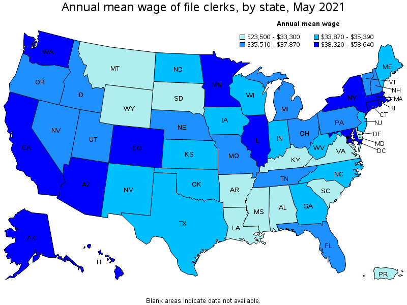 Map of annual mean wages of file clerks by state, May 2021