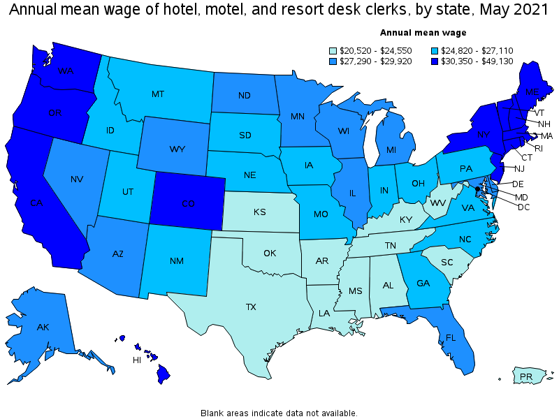 Map of annual mean wages of hotel, motel, and resort desk clerks by state, May 2021