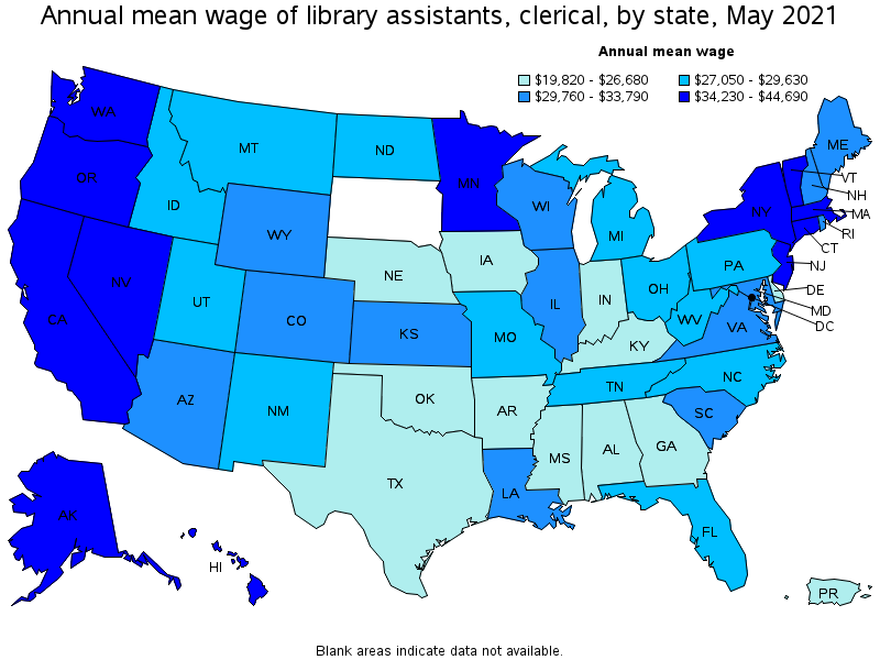 Map of annual mean wages of library assistants, clerical by state, May 2021