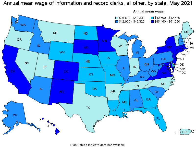 Map of annual mean wages of information and record clerks, all other by state, May 2021