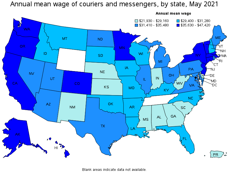 Map of annual mean wages of couriers and messengers by state, May 2021