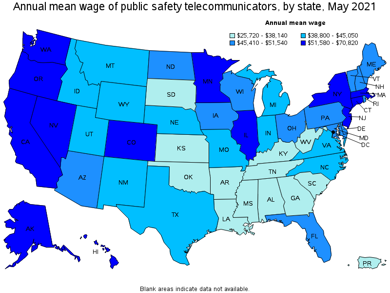 Map of annual mean wages of public safety telecommunicators by state, May 2021