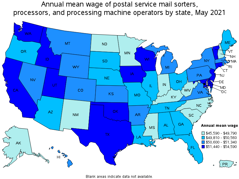 Map of annual mean wages of postal service mail sorters, processors, and processing machine operators by state, May 2021