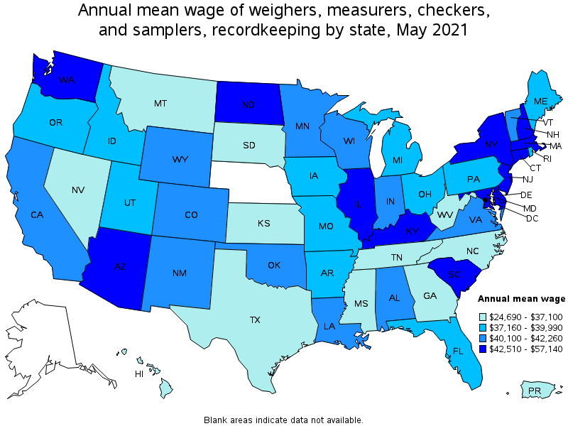 Map of annual mean wages of weighers, measurers, checkers, and samplers, recordkeeping by state, May 2021