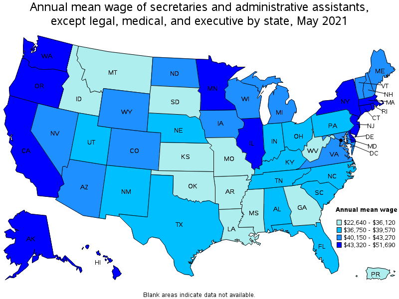 Map of annual mean wages of secretaries and administrative assistants, except legal, medical, and executive by state, May 2021