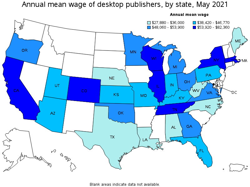 Map of annual mean wages of desktop publishers by state, May 2021