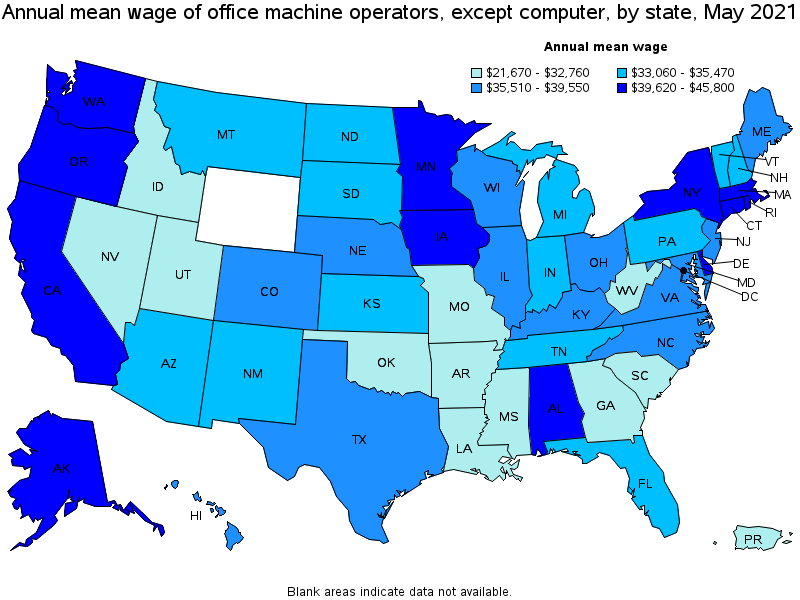 Map of annual mean wages of office machine operators, except computer by state, May 2021