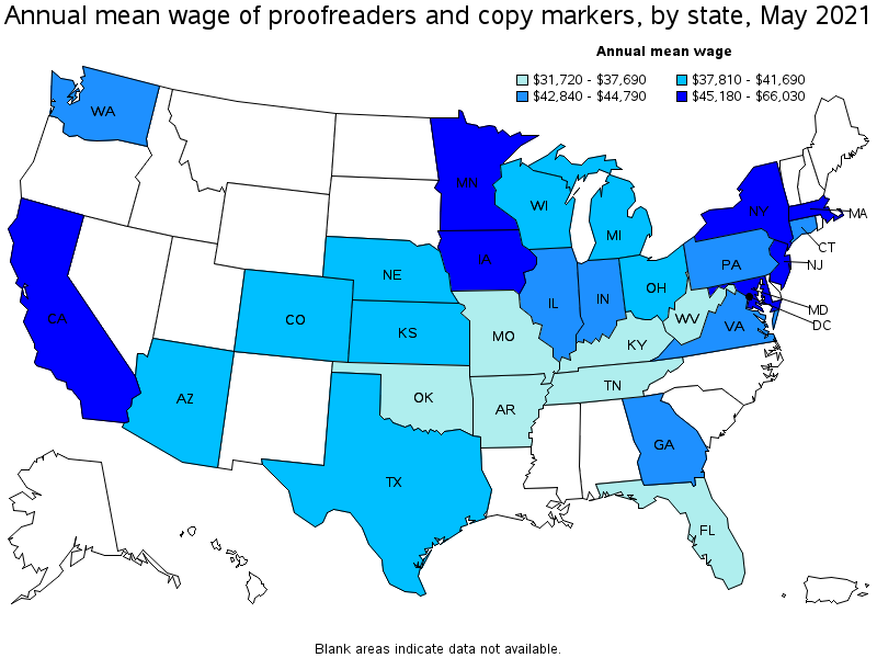 Map of annual mean wages of proofreaders and copy markers by state, May 2021