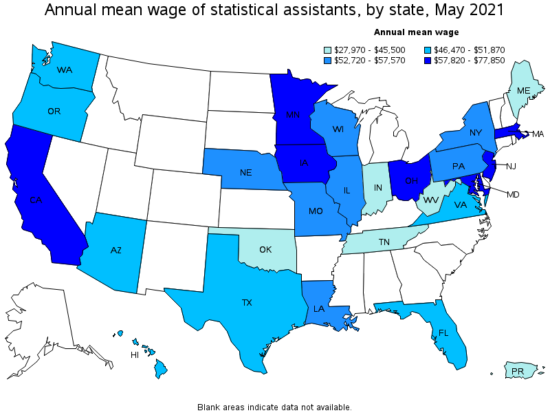 Map of annual mean wages of statistical assistants by state, May 2021