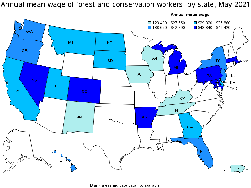 Map of annual mean wages of forest and conservation workers by state, May 2021