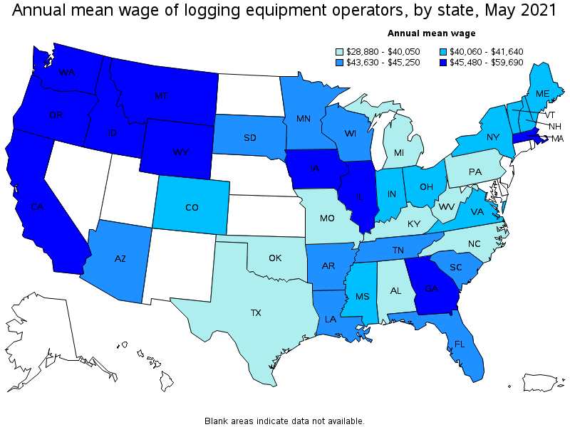 Map of annual mean wages of logging equipment operators by state, May 2021