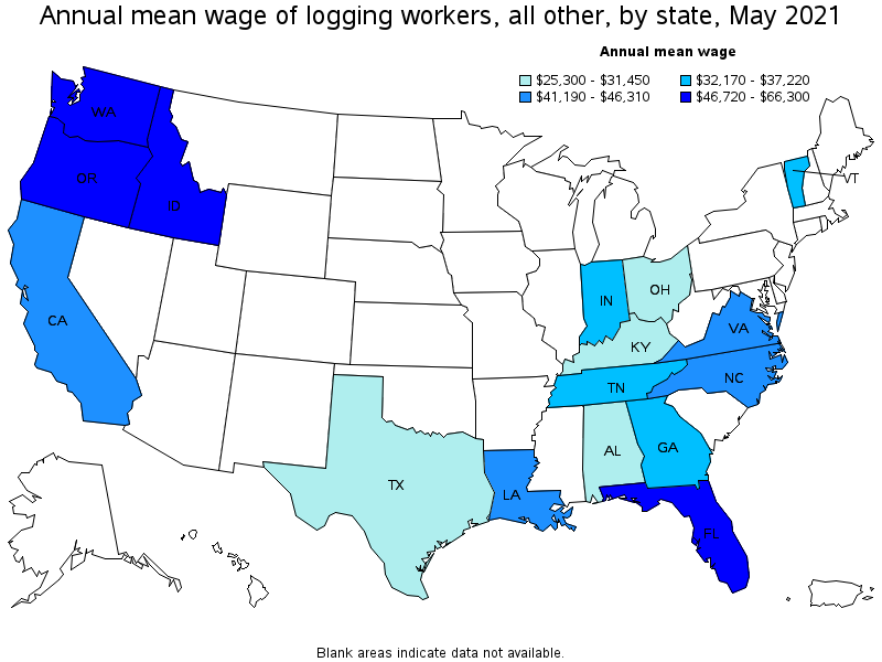 Map of annual mean wages of logging workers, all other by state, May 2021