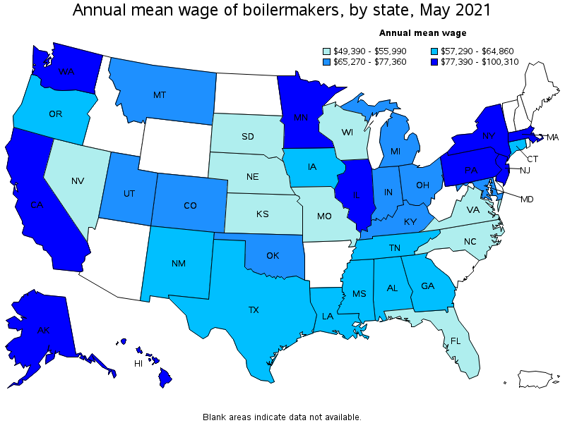 Map of annual mean wages of boilermakers by state, May 2021