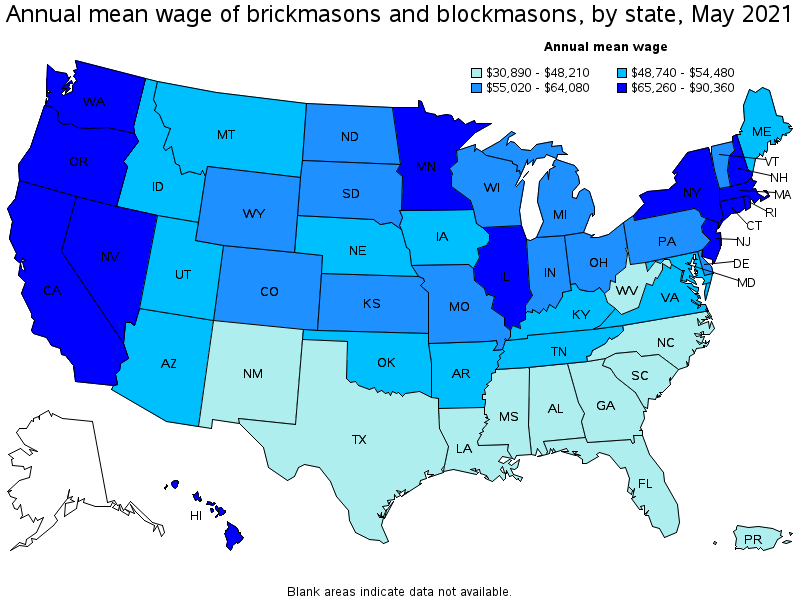 Map of annual mean wages of brickmasons and blockmasons by state, May 2021