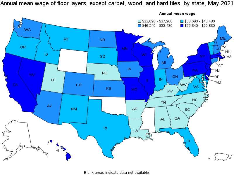 Map of annual mean wages of floor layers, except carpet, wood, and hard tiles by state, May 2021