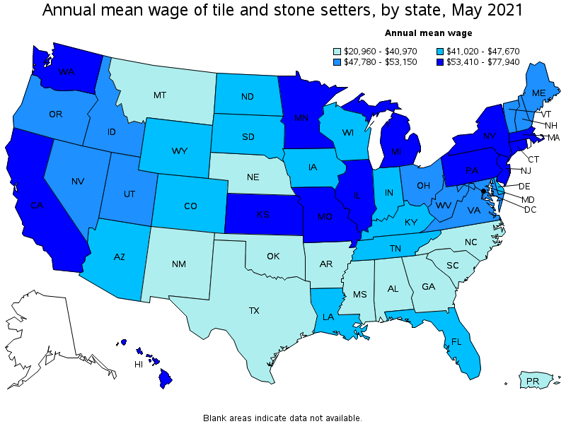 Map of annual mean wages of tile and stone setters by state, May 2021