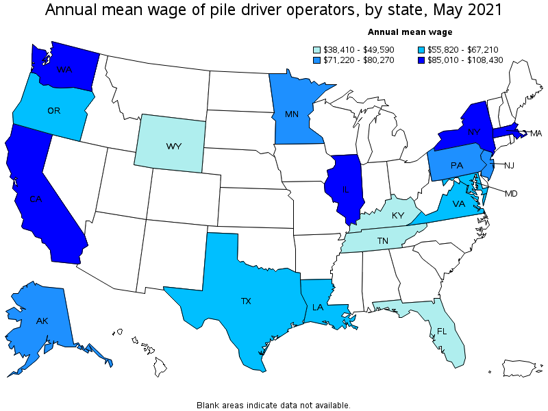 Map of annual mean wages of pile driver operators by state, May 2021