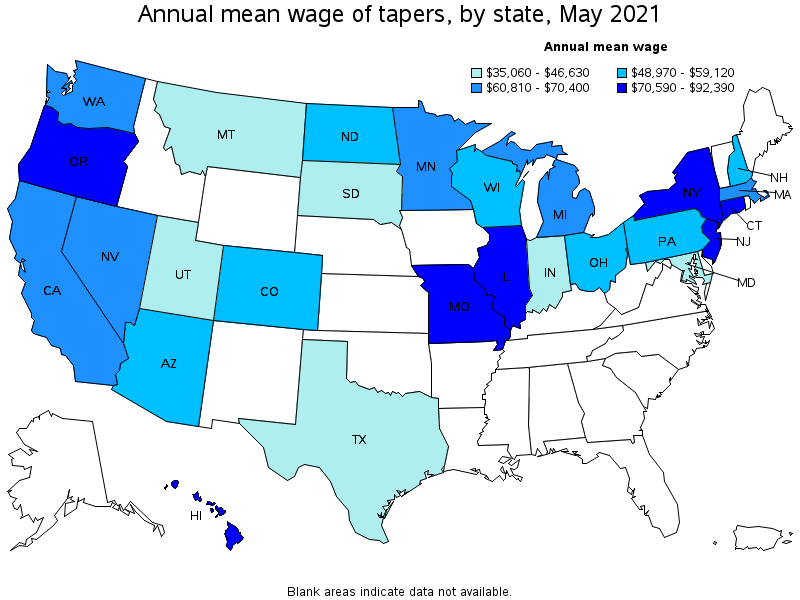 Map of annual mean wages of tapers by state, May 2021