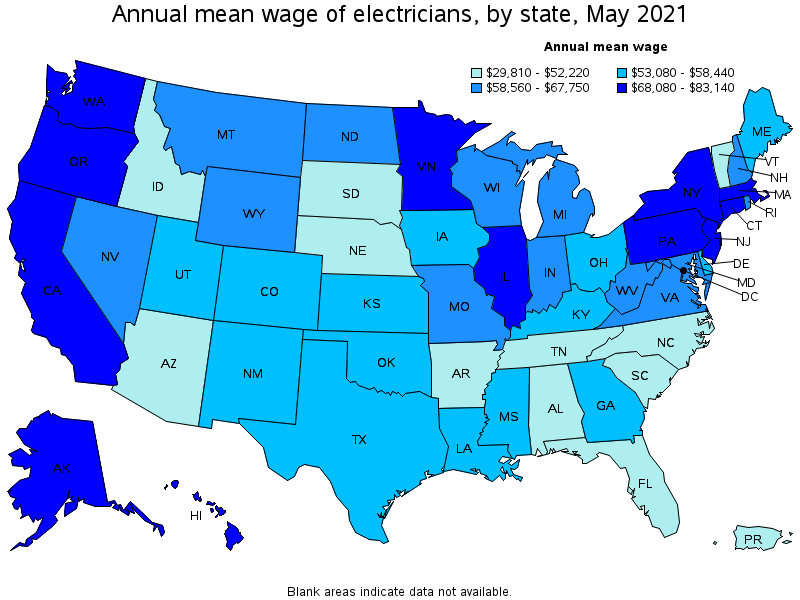 Map of annual mean wages of electricians by state, May 2021