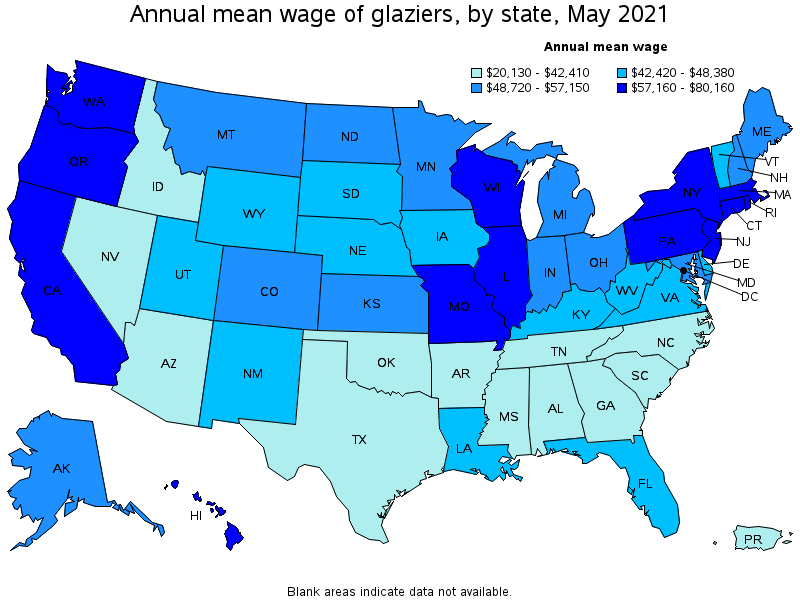 Map of annual mean wages of glaziers by state, May 2021