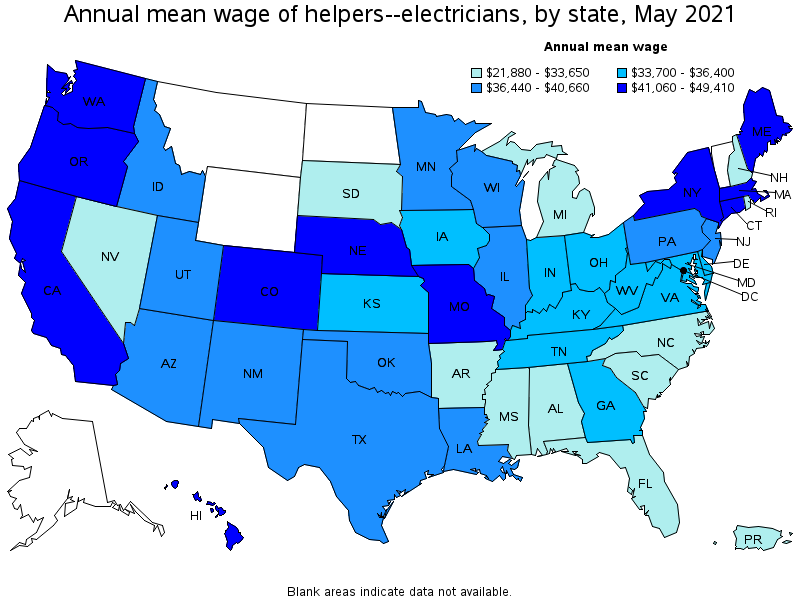 Map of annual mean wages of helpers--electricians by state, May 2021