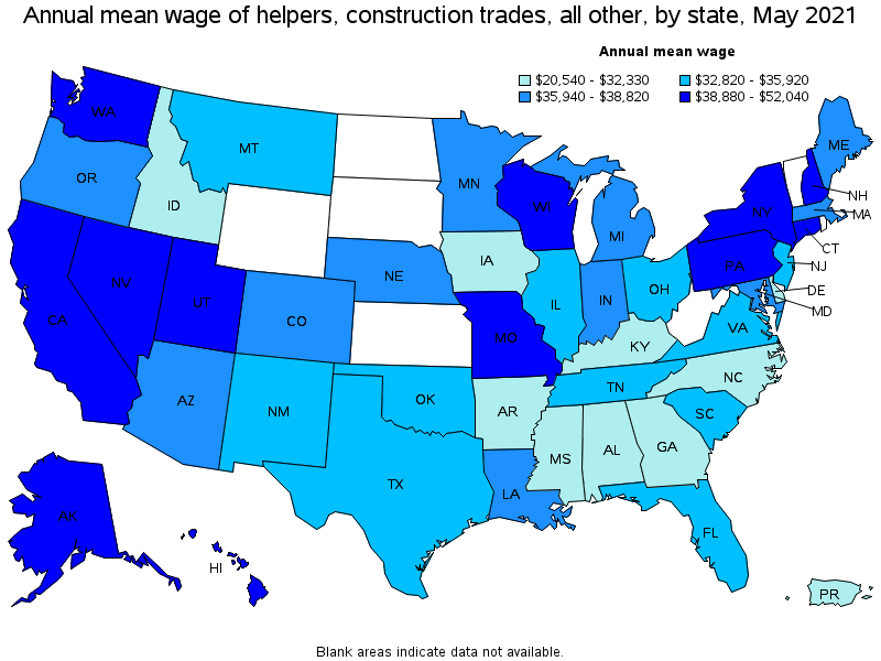 Map of annual mean wages of helpers, construction trades, all other by state, May 2021