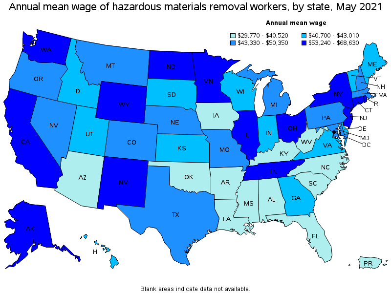 Map of annual mean wages of hazardous materials removal workers by state, May 2021